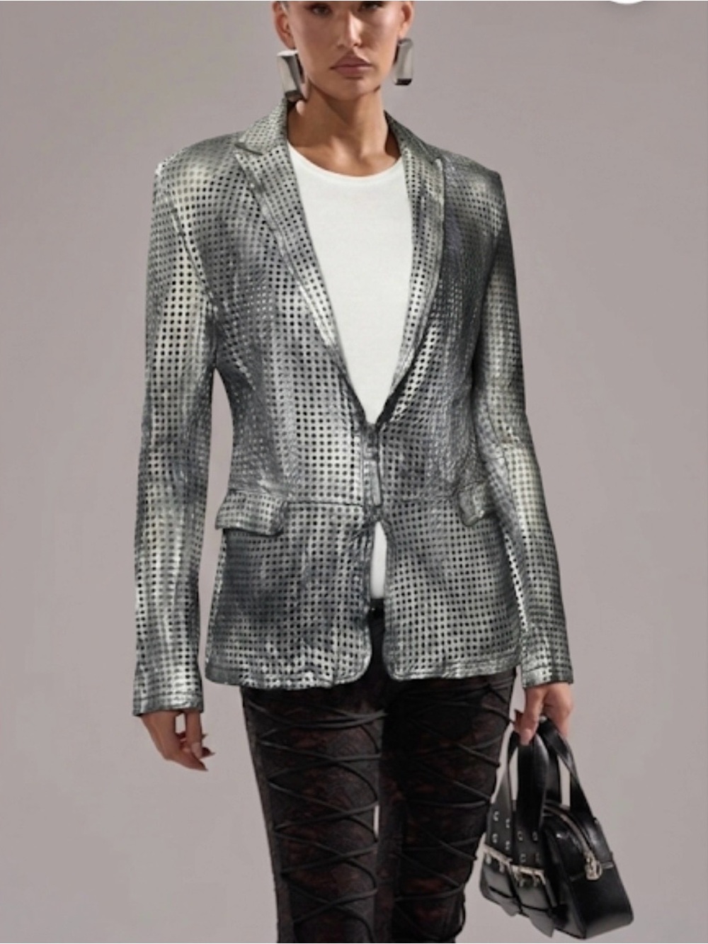 Bano eeMee Silver Grey Perforated Leather Burnout Lasercut Blazer 6 Gorpcore